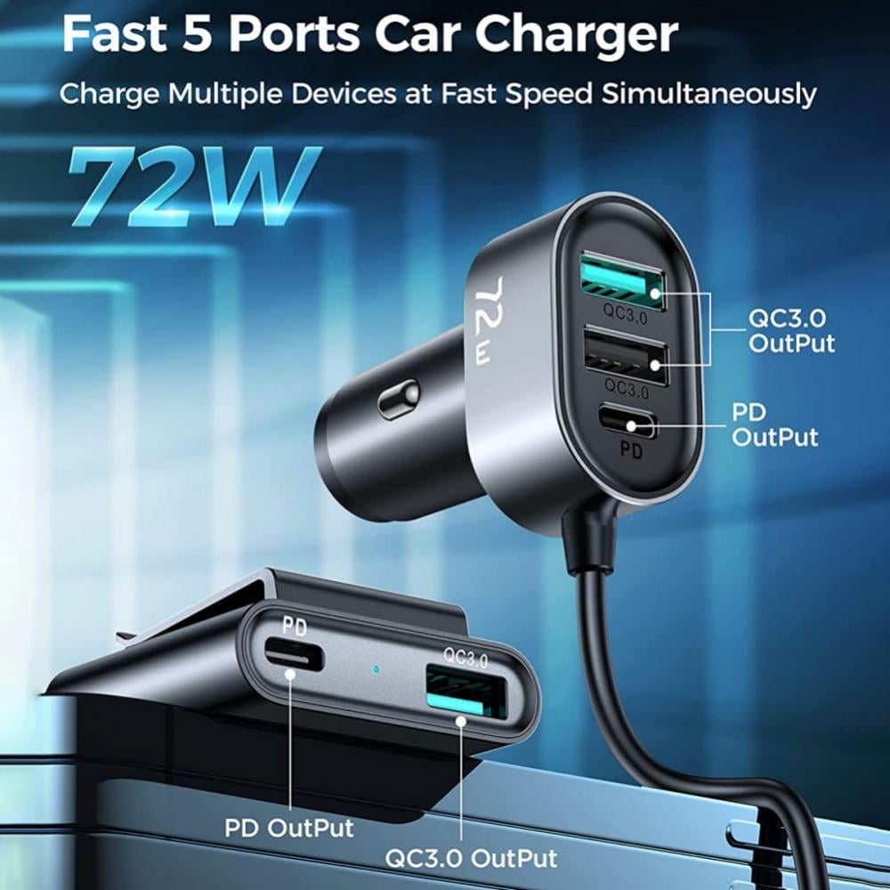 5 Multi Ports Fast Car Charger, 72W USB C Car Charger, PD 3.0 + QC 3.0