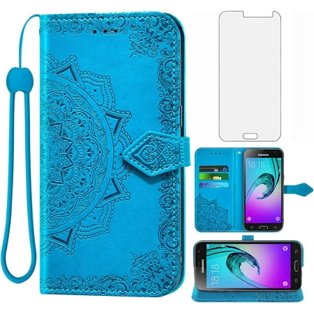 Compatible with Samsung Galaxy J3 2016/J V/J36V/Sky/Amp Prime Wallet Case Tempered Glass Screen Protector Flip Cover Card Holder Cell Phone Cases for Glaxay Sol J3V JV3 J36 6 J320V J320A Blue