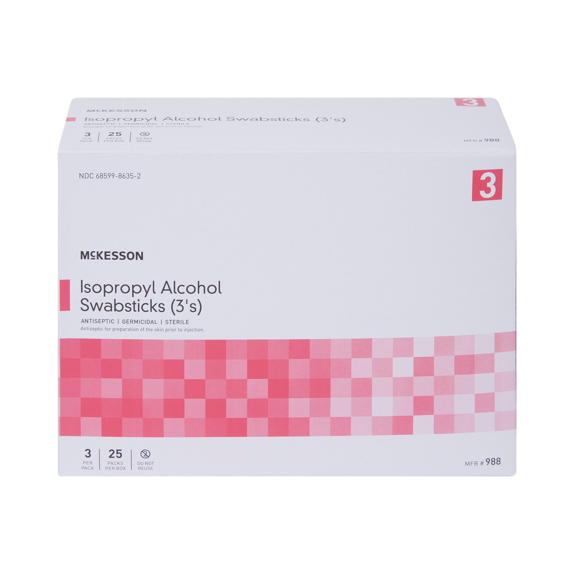 McKesson Isopropyl Alcohol Swabsticks, Sterile, Individual Packet, 3 Sticks, 250 Packs, 750 Total