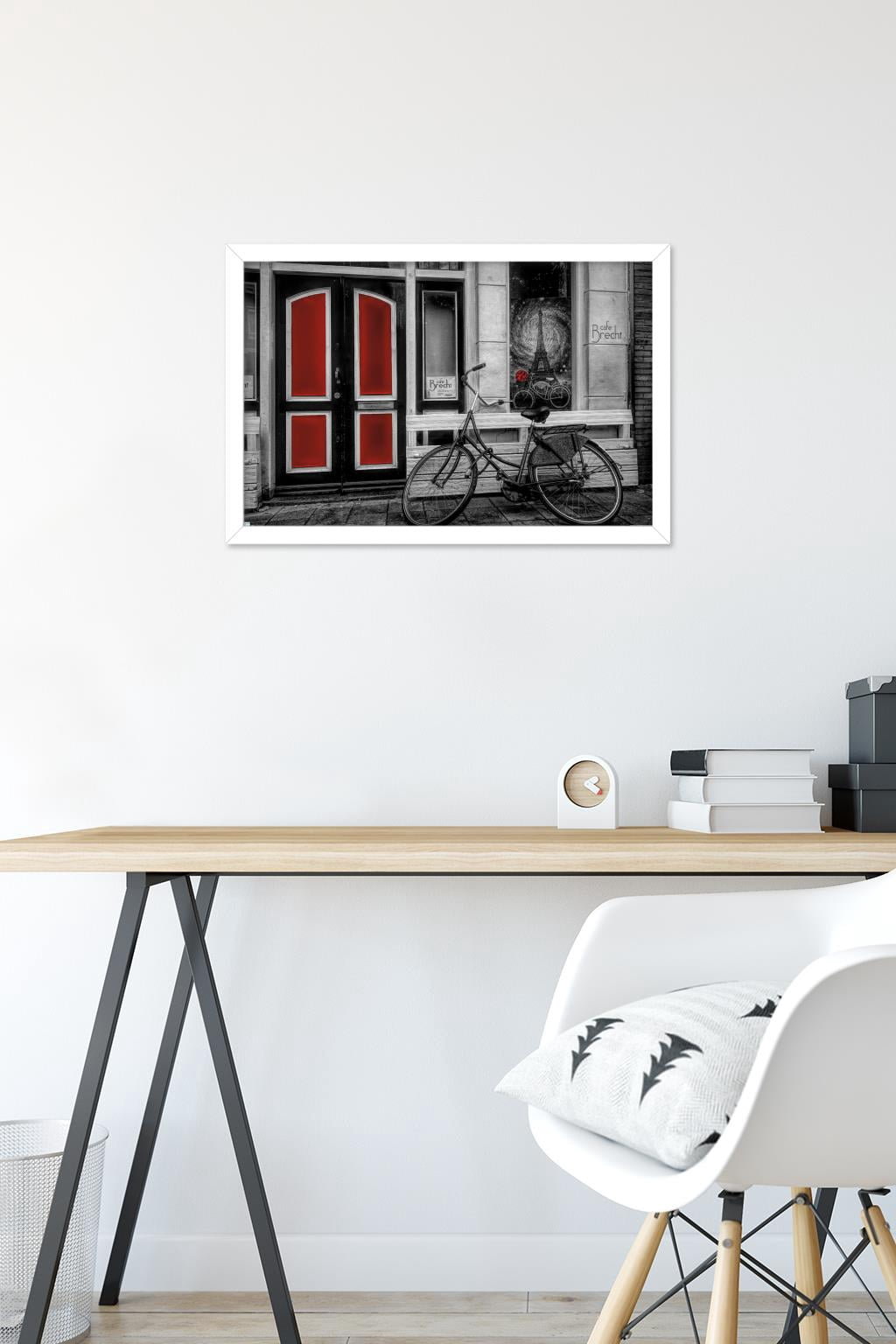 City Bike in Black and White Color Selected Red Wall Poster, 14.725" x 22.375" Framed