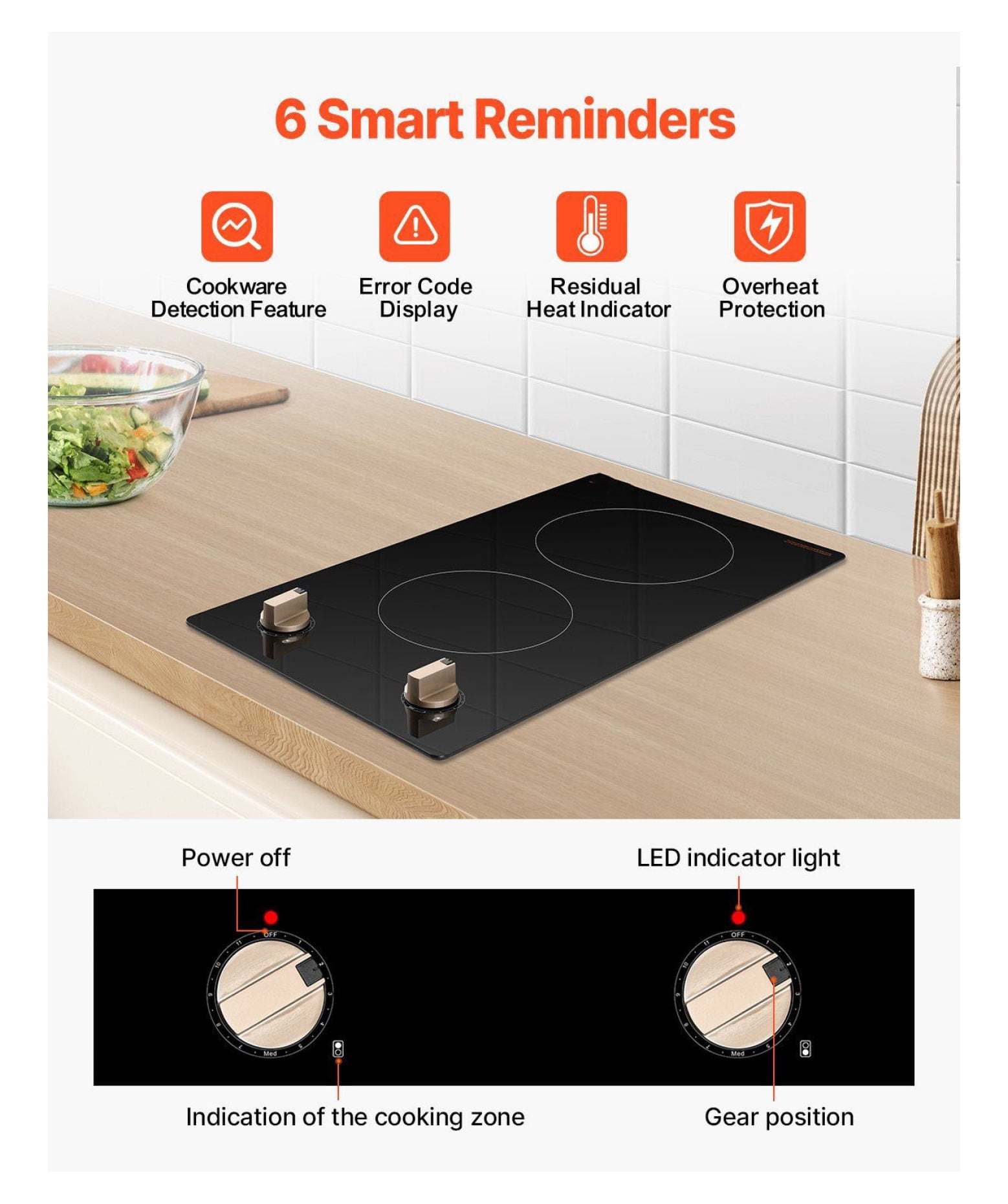 1800W 2 Burner Induction Cooktop, Electric Countertop Stove, Knob Control, Built-in Cooktop for Kitchen, 12 Power Levels, Compatible Cookware, Safety Features