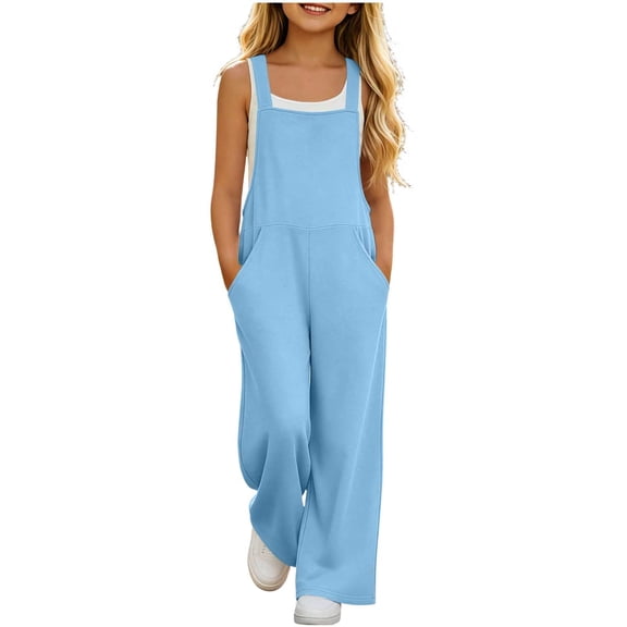 OGLCCG Girls Overall Jumpsuit Straight Leg Sleeveless Wide Strap Jumpsuits for 5-14 Years Kids Casual Long Rompers with Pockets