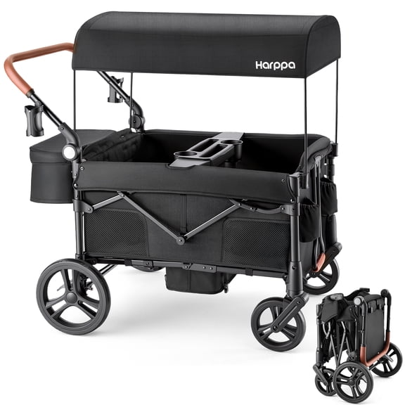 HARPPA Foldable Wagon Stroller for 4 Kids, Quad Stroller Wagon with 5-Point Harness, Large Canopy, Mosquito Net & Storage Basket, Adjustable Push/Pull Handle, Compact Fold, Black