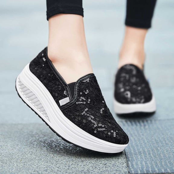 Taqqpue Womens Slip On Sneakers Lightweight Walking Shoes Women's Casual Sequined Rocking Shoes Mesh Breathable Large-Sized Shoes For Spring And Summer Comfortable Shoesfor Women