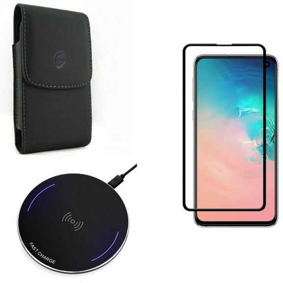 Galaxy S10e Wireless Charger w Case Belt Clip w Screen Protector - Fast 7.5W and 10W Charging Pad, Leather Holster Cover, Tempered Glass 5D Curved Edge for Samsung Galaxy S10e Phone