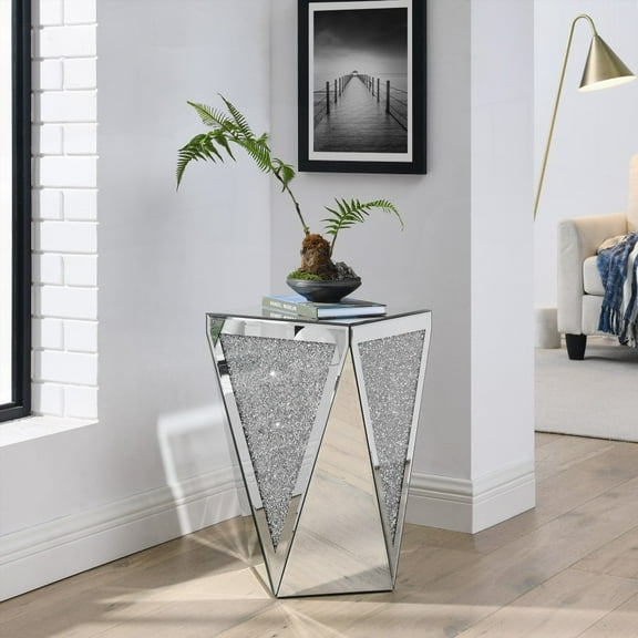 Space-Saving Silver Glass Coffee Table with Diamond Inlay for Living Room, Easy to Clean.
