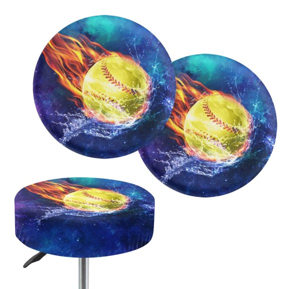 Chririnla Softball Fire Water With Elastic Bands Round Seat Cushion Cover, Stretchable Polyester Round Stool Slipcovers for Restaurant Bar