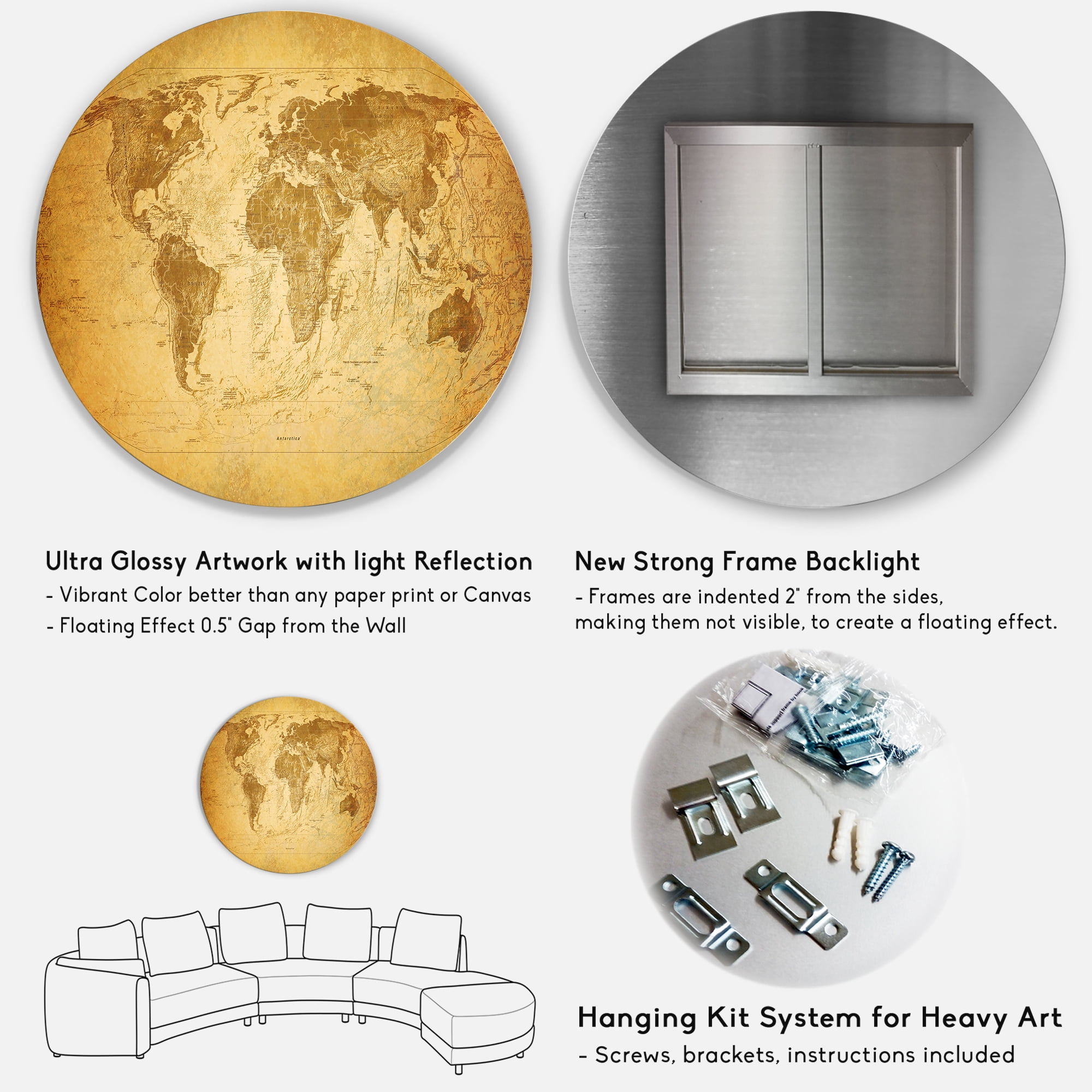 Designart 'Ancient World Map X' Vintage Circle Metal Wall Art 11x11 - Disc of 11