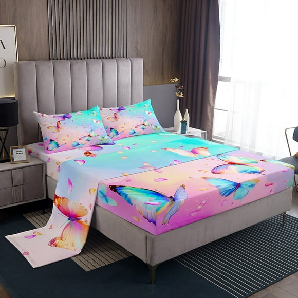 Erosebridal Blue Butterfly Sheet Set Twin, Rainbow Print Twin Sheet Sets, Flower Floral Bedding Twin Size, Breathable Bedroom Decor, 3-Piece