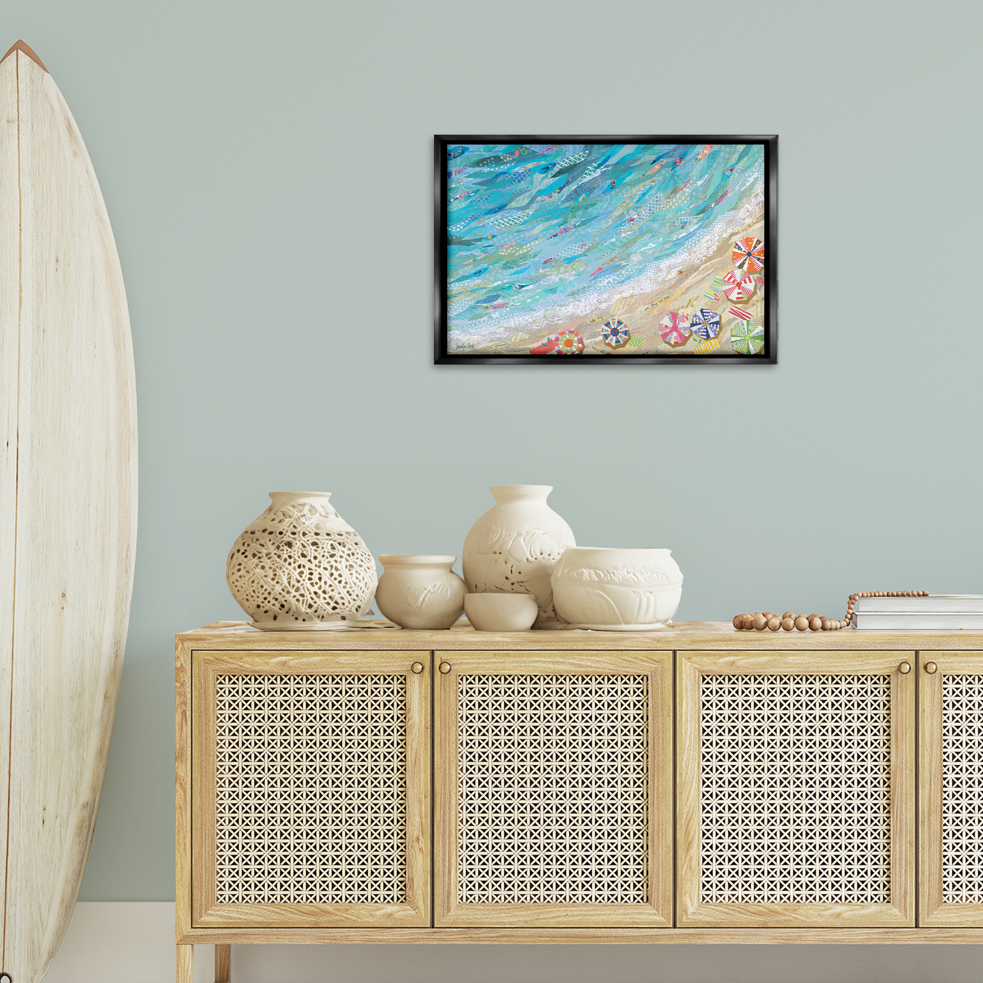 Stupell Industries Collaged Aerial Beach View Coastal Painting Black Floater Framed Canvas Art Print Wall Art, 25 x 17