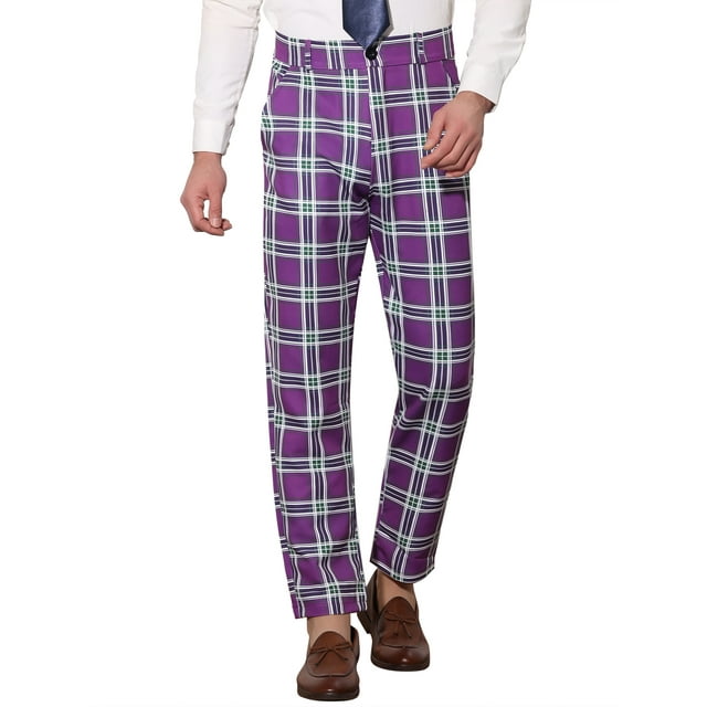 Pantalones de traje de cuadros para hombre Inspire Chic, con frente plano y cintura elástica, cuadros, 38, púrpura