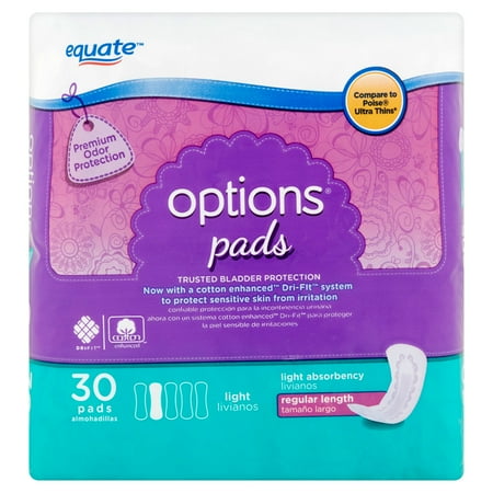 Equate Options Incontinence Pads for Women, Light, Regular Length, 30 ...