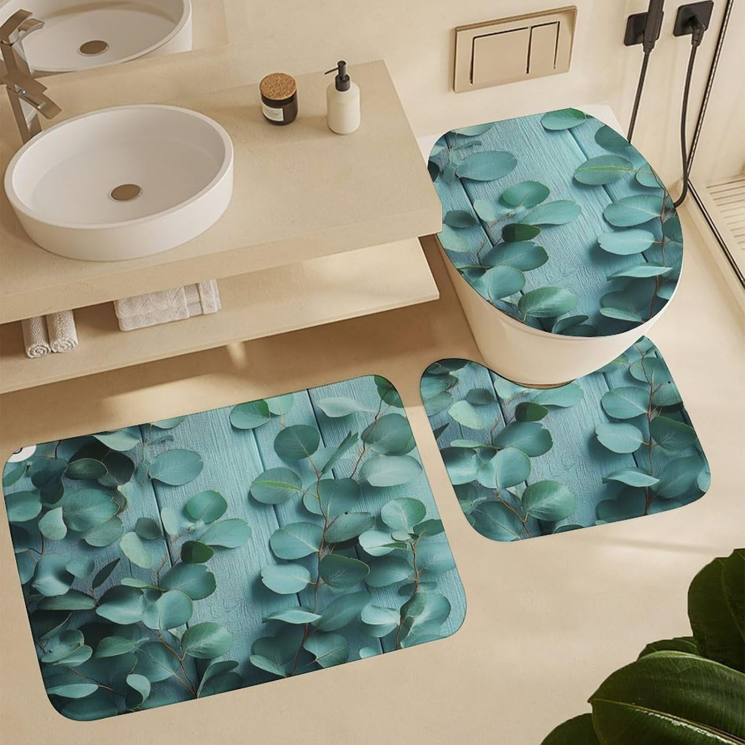 Bathroom Shower Curtain Sets with Rugs, Eucalyptus Leaves Pattern Printed on Bath Sets for Bathroom Accessories, Perfect for Bathroom Hotel Dorm Spa Home, 72 x 72 inches