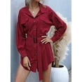 thumbnail image 4 of Womens Long Sleeve Midi Long Shirt Dress Casual Solid Button Down Curved Bottom Dresses Tops with Belt Wine Red S, 4 of 9