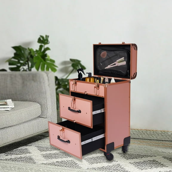 Rolling Makeup Case Nail Technicians Cosmetic Trolley Storage Organizer Rose Gold