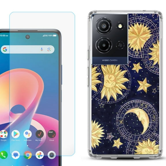 For TCL K32 5G Protective Shockproof Phone Case with Tempered Glass Screen Protector, by OneToughShield - Moon Sun Star