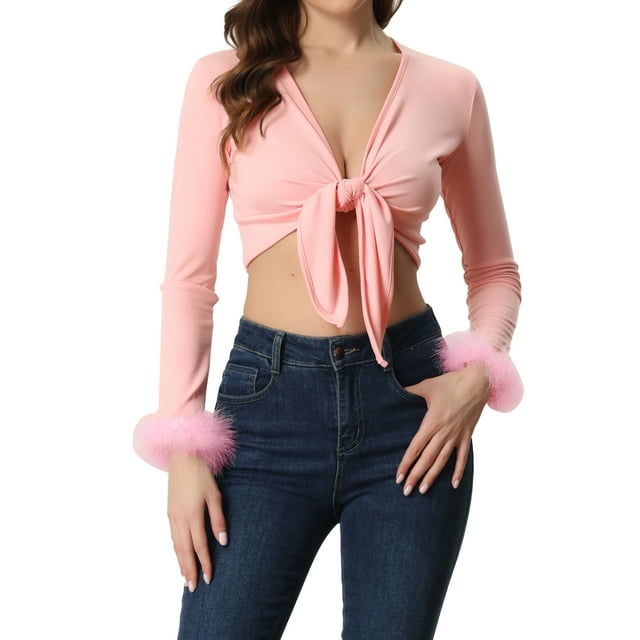 Unique Bargains Cardigan à Manches Longues avec Nœud devant et Poignets Plumes pour Femmes Rose S