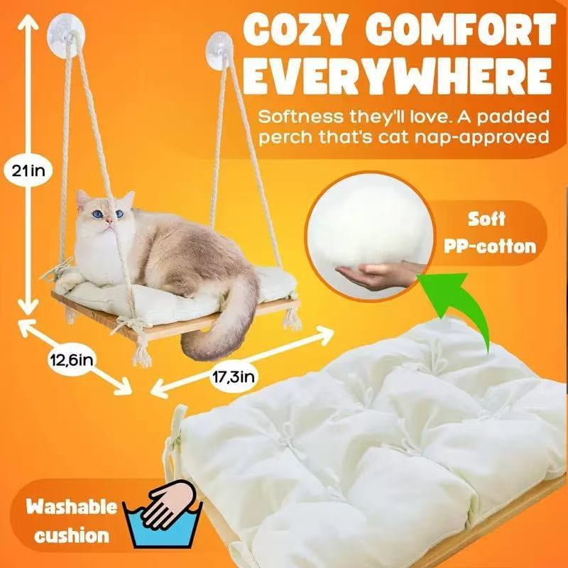Cat Window Perch, Rustic Cat Hammock Bed with Solid Wood Seat 4 Heavy Duty Suction Cups, Plush Cushion, Indoor Pet Window Hammock for Cats for Large Cats