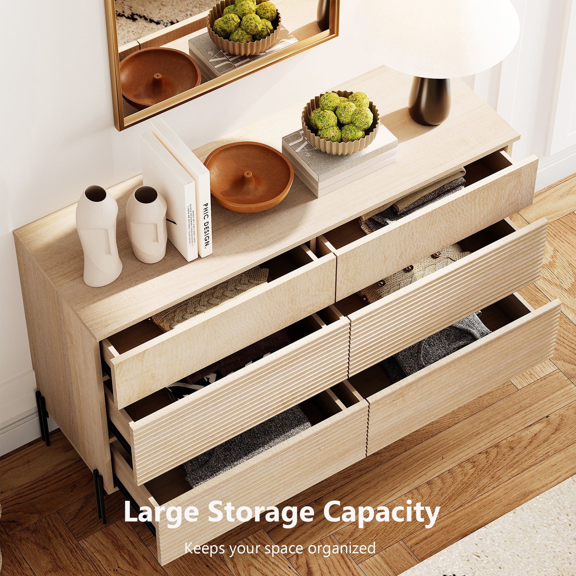 Minimalist 6-Drawer 47.2" W Rectangular Dresser With Reeded Details And Double-Stick Leg Design