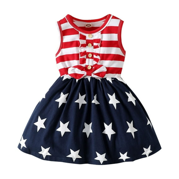 Ruyang Toddler Girls Star Print Tank Dress 4th of July Patriotic Ruffle Dresses Sleeveless Baby Crew Neck Striped Skirts