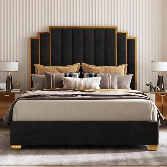 Merluxy 65.4” Tall Gold Trim Headboard California King Size Upholstered Bed Frame, Modern Velvet Bed Frame, Black