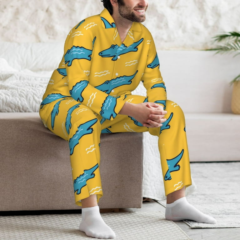 Mens Pajamas Set Cartoon Cute Crocodile Yellow Soft Comfy Long Sleeve Button Up Pajama Sets for Men 2 Piece Sleepwear Nightwear Pjs Lounge Sets for Men with Pockets Walmart