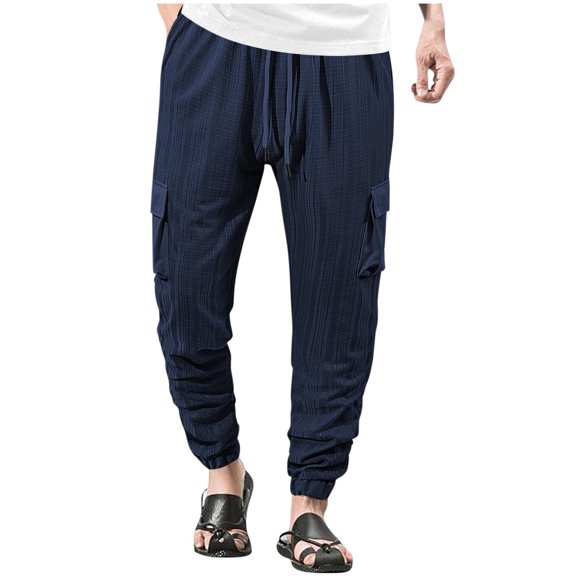 hotojiny Cotton Linen Pants Men Stylish Loose Fit Cinch Bottoms Summer Beach Pants Comfortable Elastic Waist Drawstring Cargo Pants