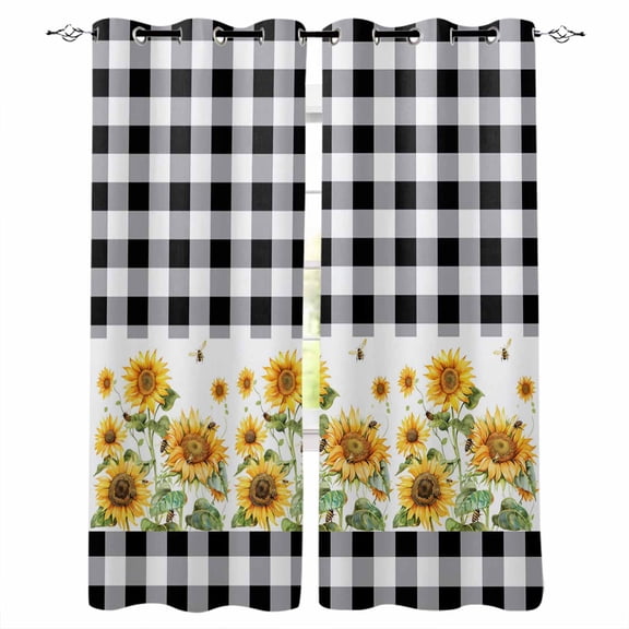 Sunflower Blackout Curtains 63 Inches Long, Black White Buffalo Plaid Check Country Bee Thermal Insulated Black Out Curtains, Darkening Window Curtain Drapes for Bedroom Living Room 52"x63" 2 Panels