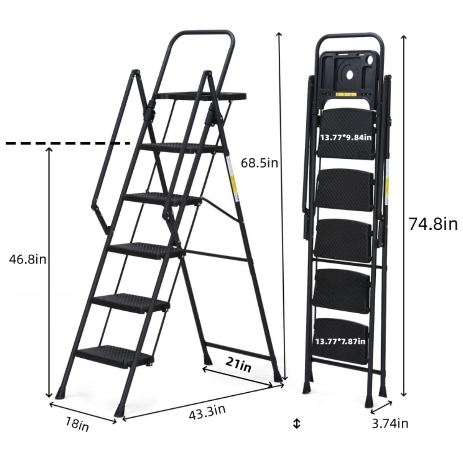 Alvantor 5 Step Ladder, Portable Steel Folding Ladder with Tool Tray and Handrails Black
