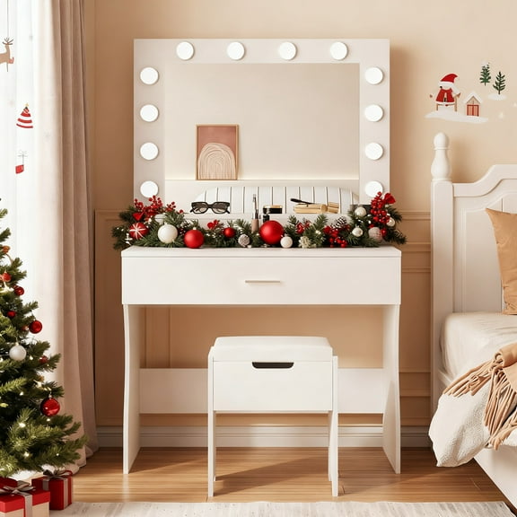 Vanity Table Set with Lighted Mirror,Makeup Vanity with Lights, Large Drawer Sturdy Wood Vanity, White