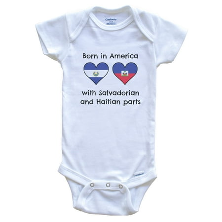 

Born In America With Salvadorian and Haitian Parts Funny El Salvador Haiti Flags One Piece Baby Bodysuit