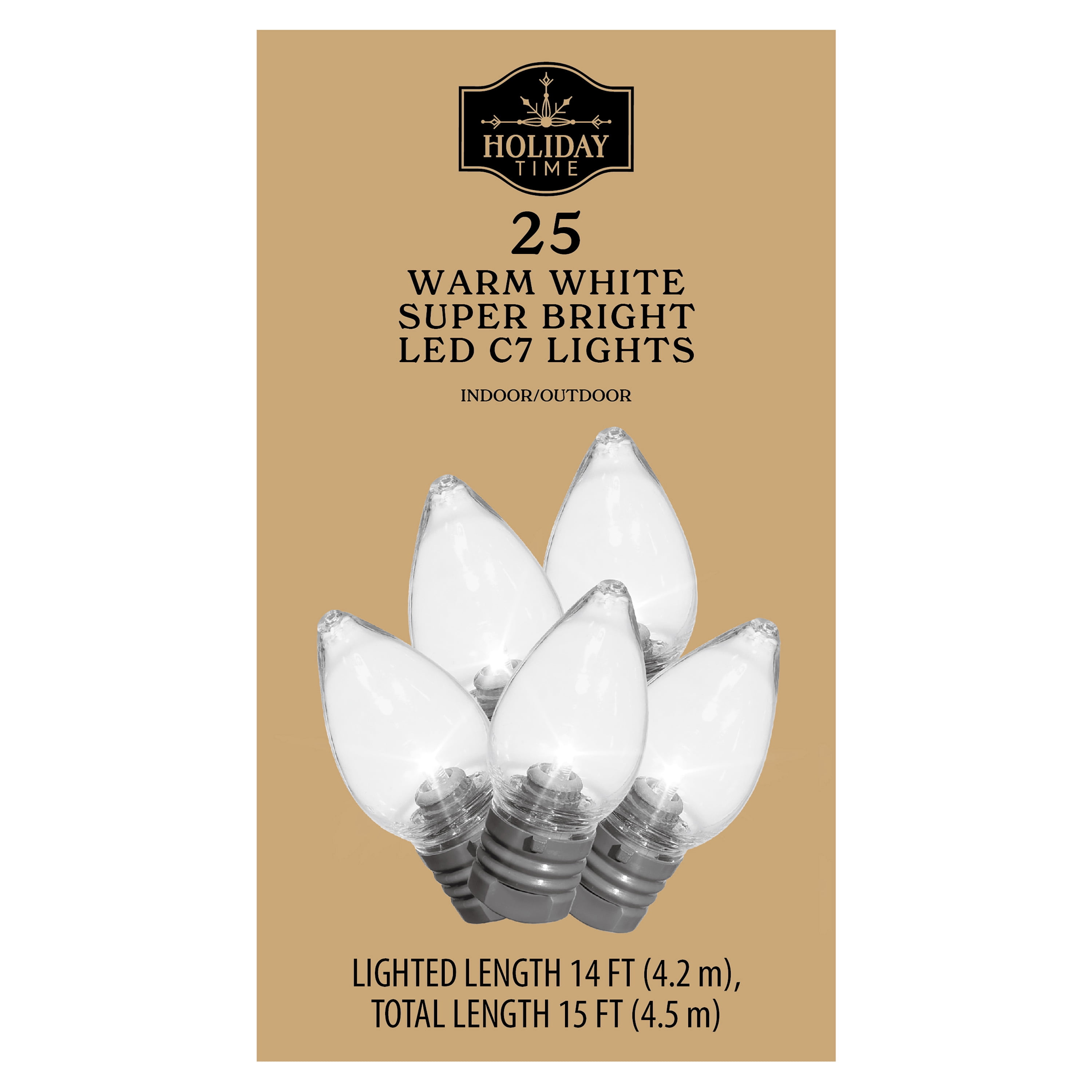 Indoor/Outdoor 25-Count Super Bright LED C7 Christmas String Lights, Warm White, 14', by Holiday Time
