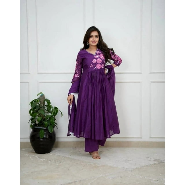 Aizza Trends Women's Handblock and hand Embrodiery Work Kurti Pant With Dupatta Set