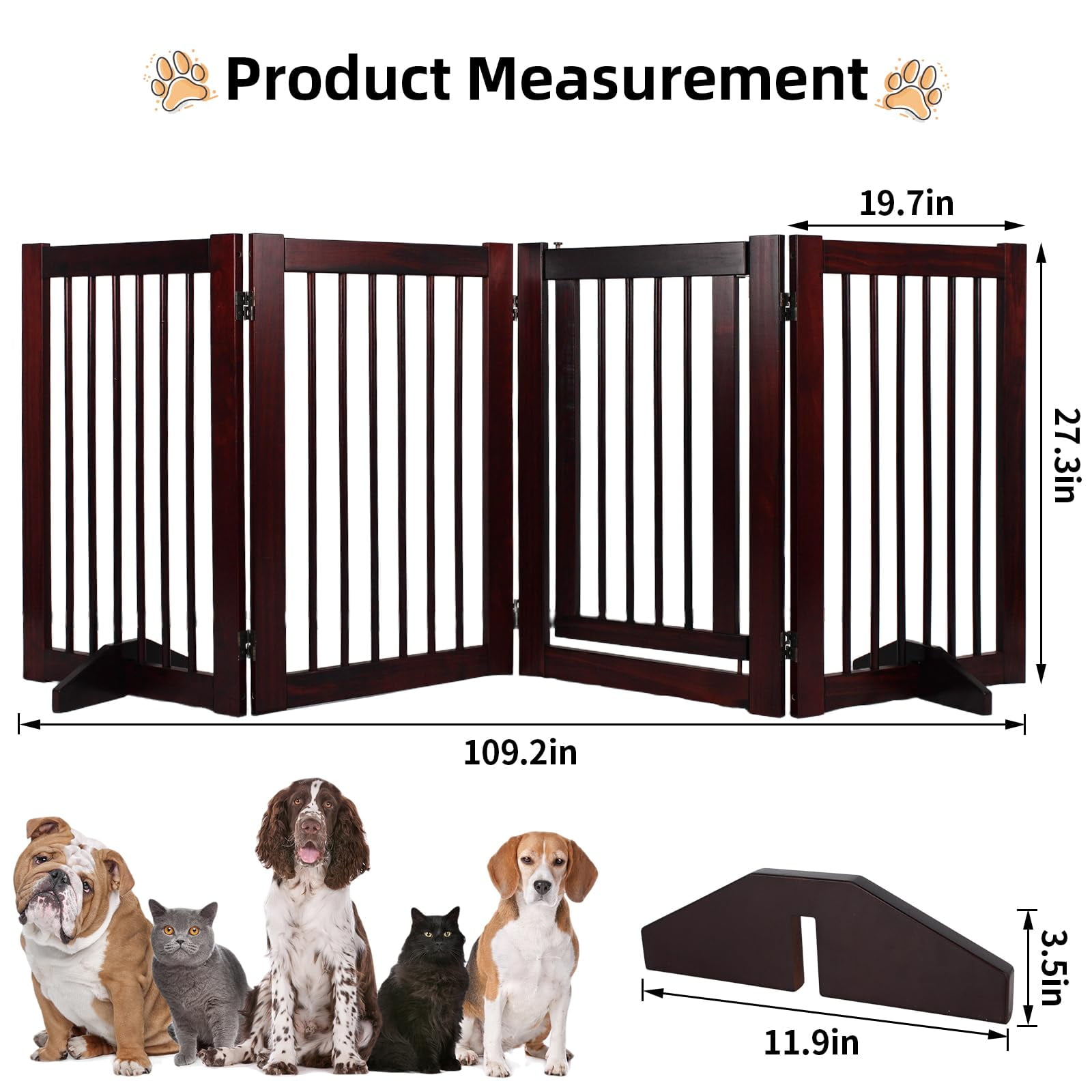 Indoor Dog Gate, Wooden Freestanding Pet Gate, Foldable Dog Gates for Doorways, No Drilling for The House, Doorways, Hallways,or Stairs, 30" Height 4 Panels Set of Support Feet Included (Espresso)