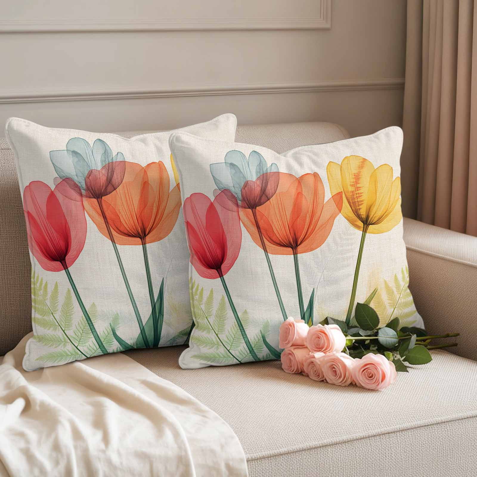 Spring Retro Pillow Covers 2 Pack Orange Yellow Red X-ray Tulips Flower Leaf Pillowcase Waterproof Outdoor Throw Pillow Cover for Patio Garden Square Cushion 18”x18”