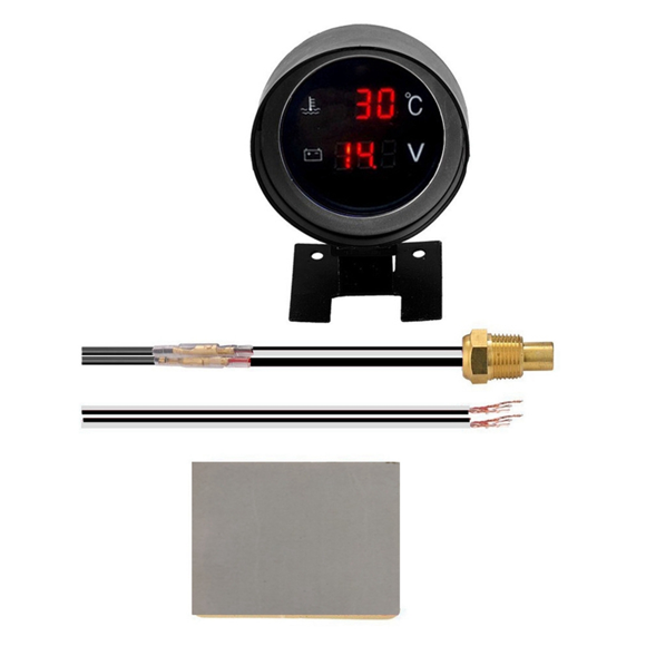 Capteur de Température Numérique 2 en 1 12V 24V Rond pour Voiture Camion Jauge d'Eau Température Moto Tension Rouge
