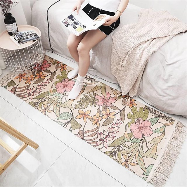 Tapis à Franges en Coton Tissé à la Main, Respirant, Confortable, Résistant à l'Usure, Durable, Tissé Double Face, Antidérapant et Confortable