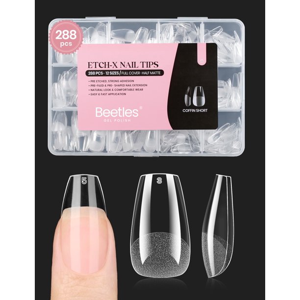 Puntas para uñas Beetles Etch-X coffin cortas, 288 piezas, acabado semimate