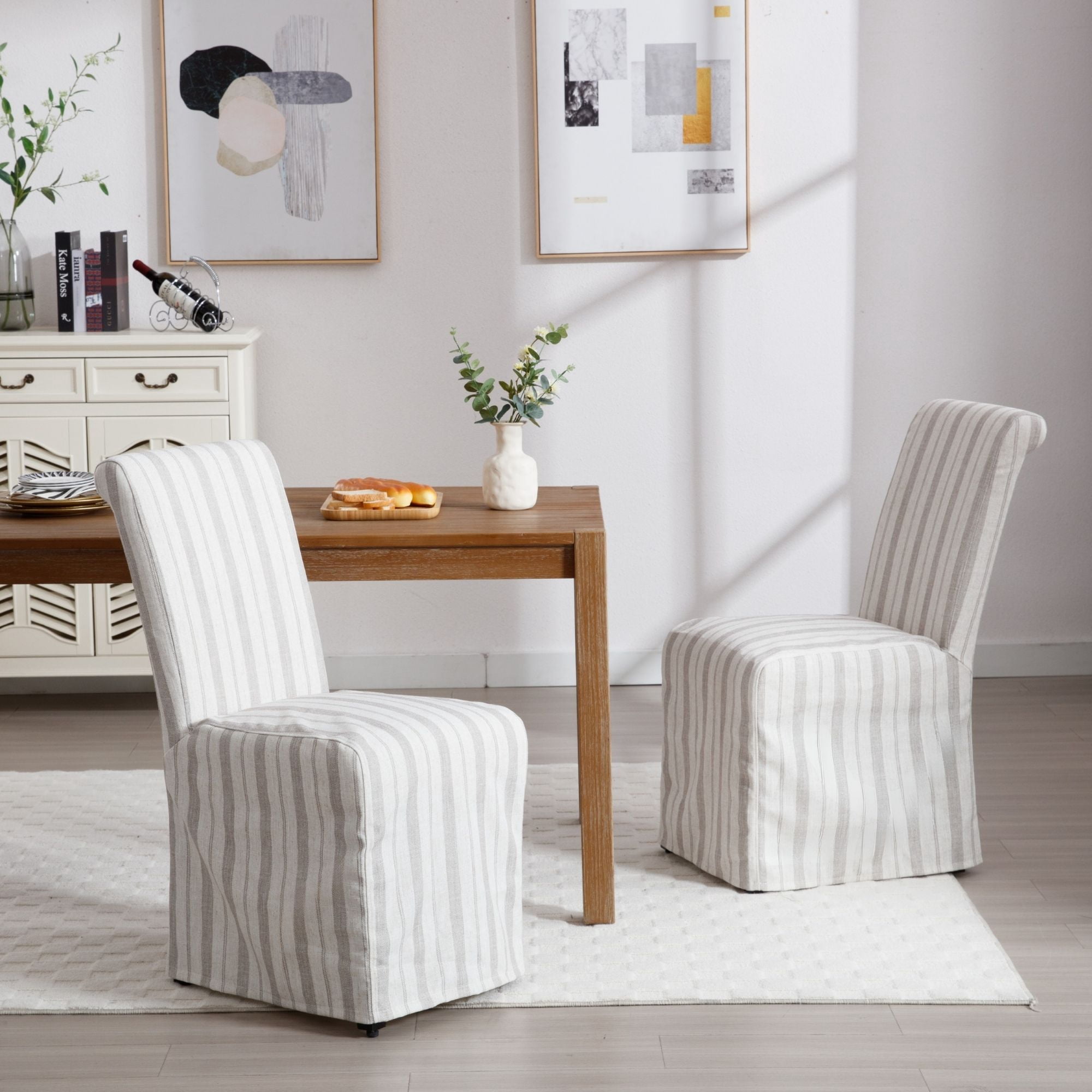 Dayalane Slipcovered Parsons Dining Chairs Set of 2, Modern Farmhouse High Back Linen Upholstered Chair with Removable Skirted, Classic Wooden Side Kitchen Chairs for Dining Living Room, Khaki Stripe