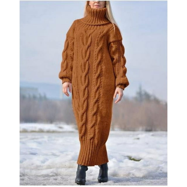 Robe Maxi d'Hiver Tricotée pour Femmes avec Manches Longues et Col Haut