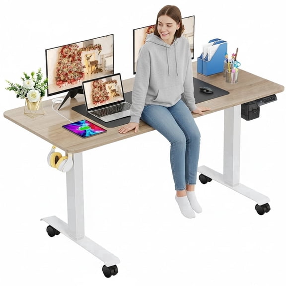Legooin 63x24 Electric Standing Desk One-button Lift Sit-Stand Table with Wheels for Multi Monitors Home Office Furniture, Oak