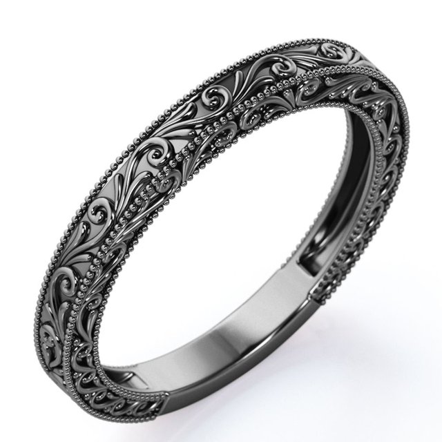 JeenMata Alianza de Boda de Filigrana Vintage Borde Milgrain, Enchapado en Oro Negro de 18 K sobre Plata