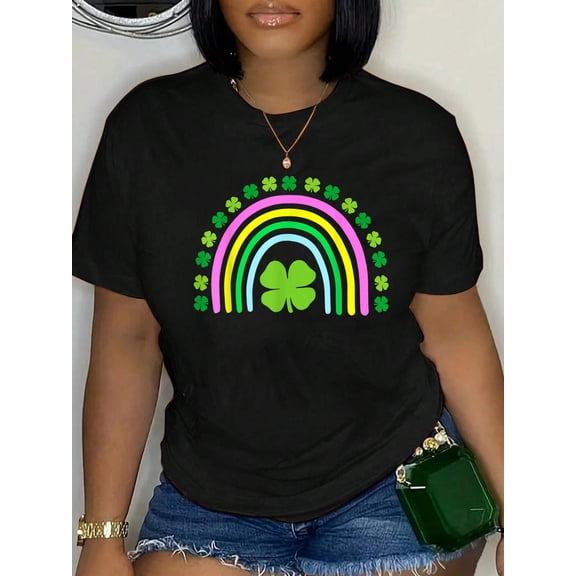 100% Cotton Green Four Leaf Clover Rainbow St Patrick's Day T-Shirt Print Round Neck Cotton T-Shirt, Summer Women's Tops, gift