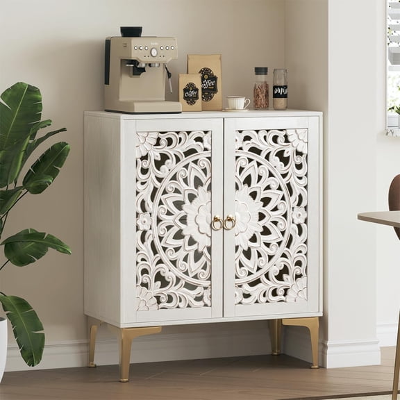 Accent Cabinet with Doors, Sideboard Buffet Cabinet with Storage, 31.5" W Buffet Table with Gold Legs and Adjustable Shelf for Living Room, Kitchen, Hallway, White