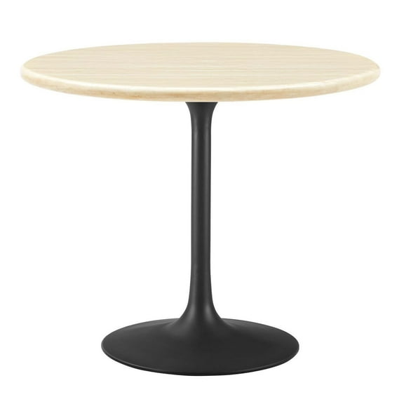 36 Inch Dining Table, Black Natural, Artificial Marble, Metal Steel, Round, Kitchen Cafe Bistro Hospitality Restaurant, Modern Contemporary HB36325