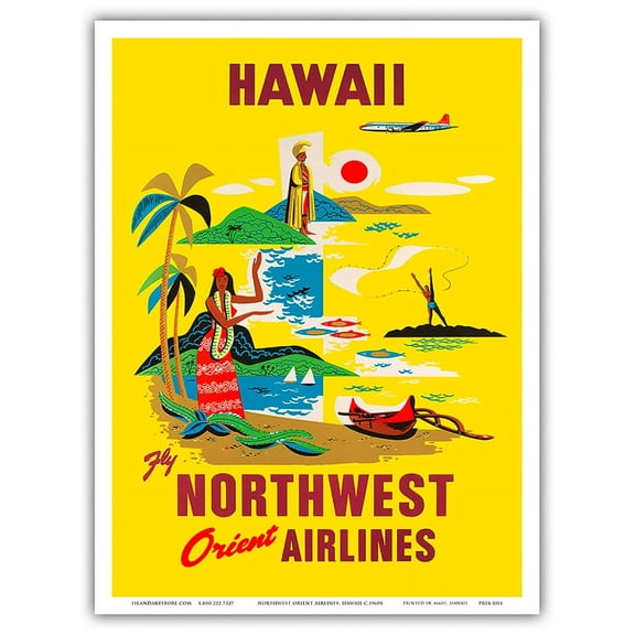 Hawaii - Fly Northwest Orient Airlines - Vintage Hawaiian Travel Poster c.1960s - Master Art Print (Unframed) 9in x 12in