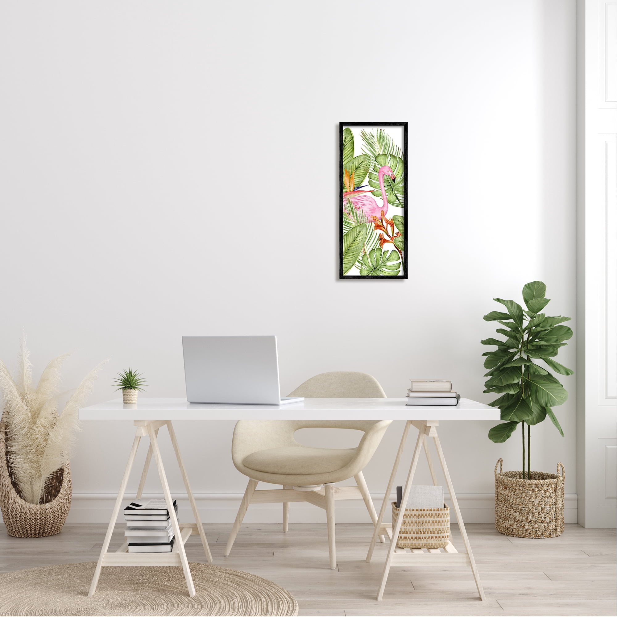 Stupell Industries Flamingo & Monstera Leaves Animals & Insects Painting Black Framed Art Print Wall Art, 10 x 24