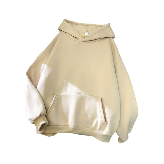 MAWCLOS Women Sweatshirt Fleece Hooded Tops Long Sleeve Hoodies Comfy Daily Wear Solid Color Pullover Apricot L