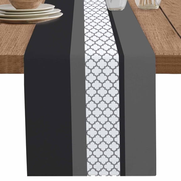 Black White Moroccan Trellis Table Runner-70 Inch Long Modern Stitching Table Runners Linen Burlap Tablerunner for Kitchen Dining Room Holiday Party