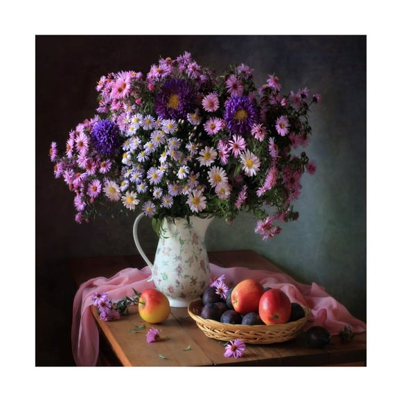 Canvas Wall Art - Tatyana Skorokhod 'Still Life With A Bouquet Of Chrysanthemums And Fruits' Wall Art for Living Room, Bedroom, or Office D?cor by Trademark Fine Art - 14 x 14 Inches